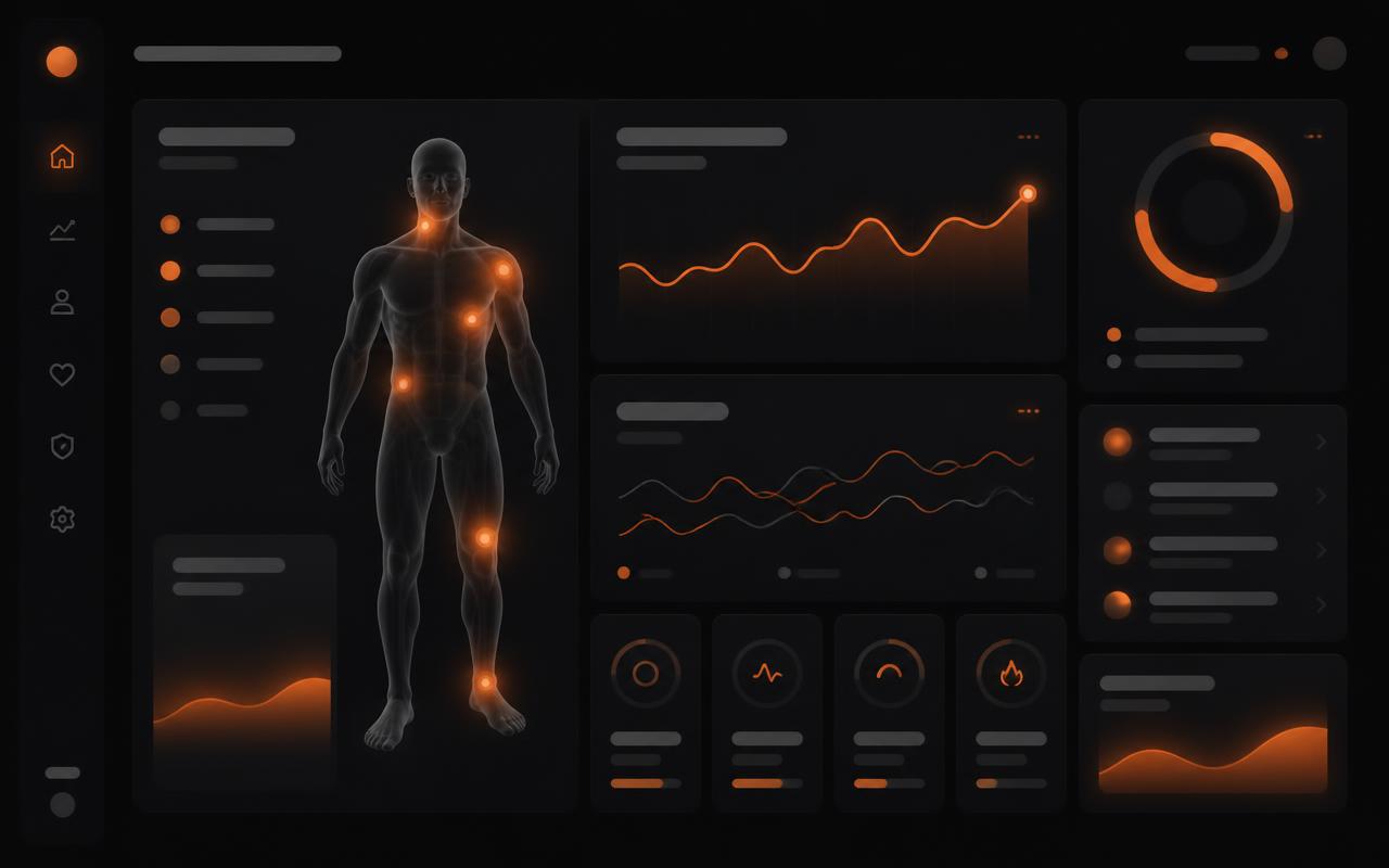 Prévia da interface do i9 Health — prontuário clínico com mapa anatômico de dor